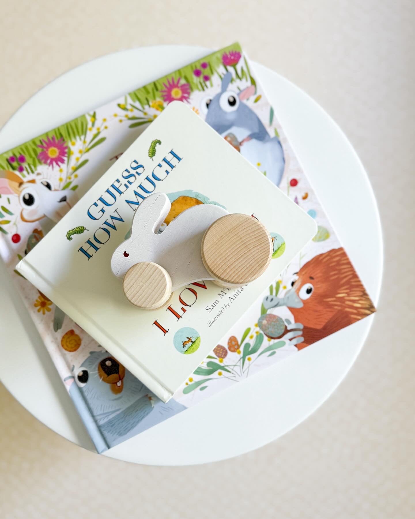 White wooden rabbit car sitting on a stack of picture books