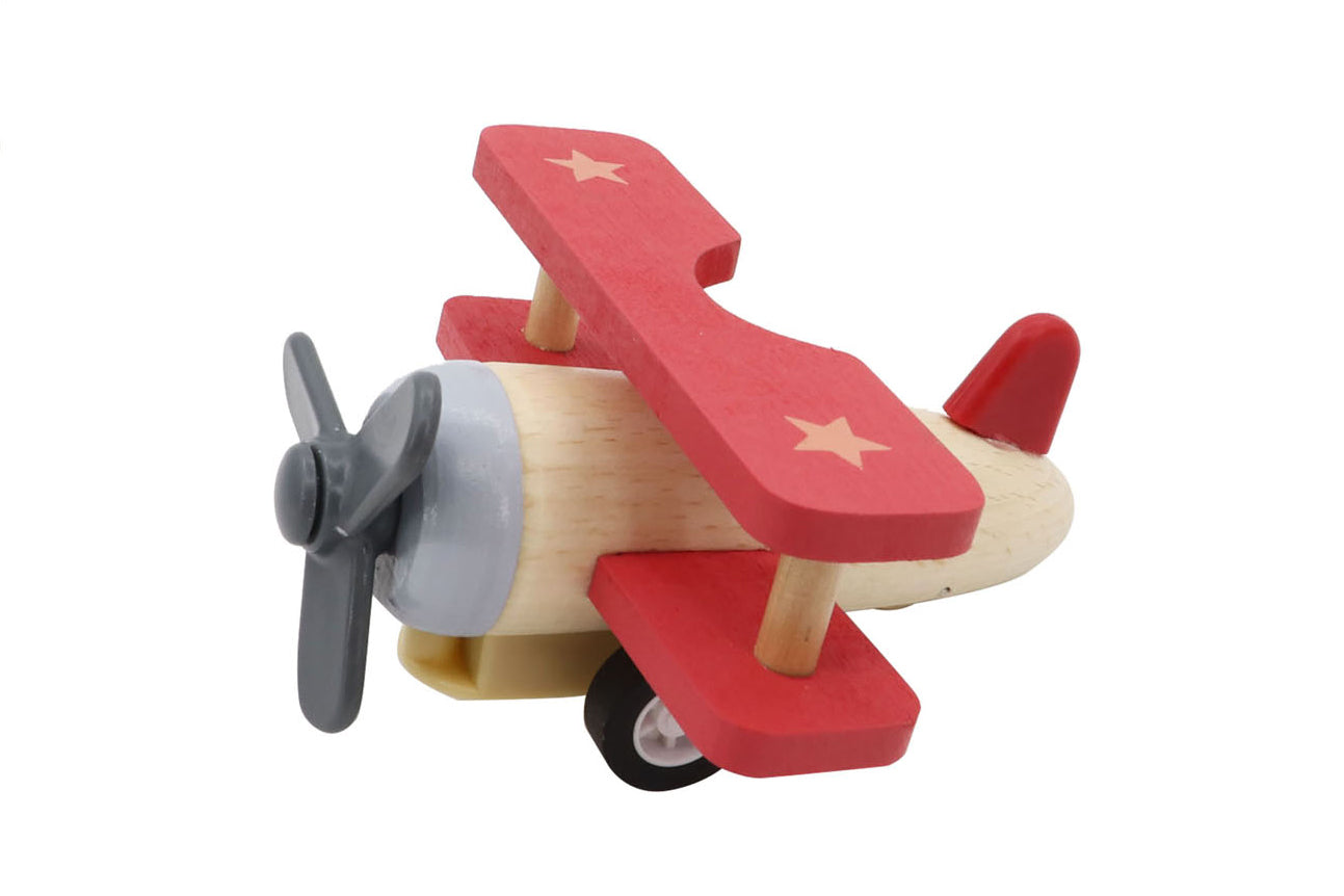 Wooden Pull Back Biplane - Red